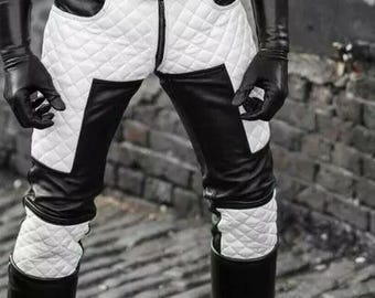 Men Real Leather Bikers Pants Black & White Quilted Panels BLUF Pants