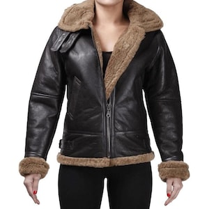 Blouson bomber B3 à capuche classique en cuir et peau retournée marron pour femme