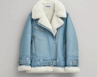 Lichtblauwe B3 RAF Aviator-stijl leren schapenvacht leren jas dames