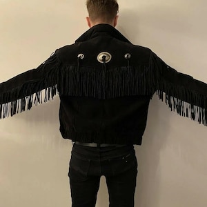 Blouson à franges pour hommes en cuir véritable noir à pampilles