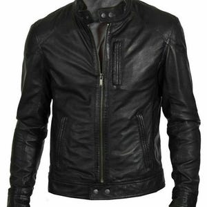 Mens Black Genuine Leather Motorcycle Jacket Real Leather Biker Jacket Casual Jacket