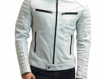 May include: A white leather motorcycle jacket with black zipper accents and quilted detailing on the sleeves.