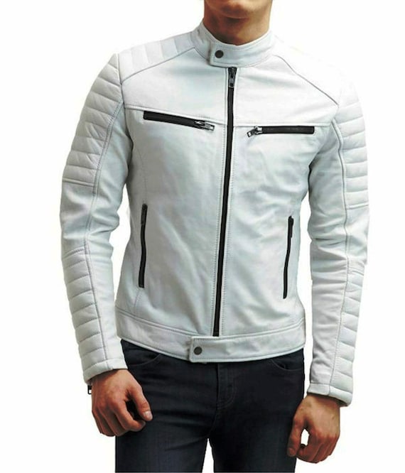 Motorradjacke Weisse Lederjacke Herren Herren Pearl White