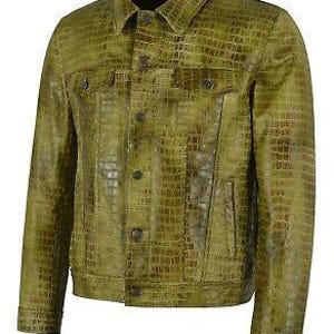 May include: A green crocodile-embossed leather jacket with a button-up front and two pockets.