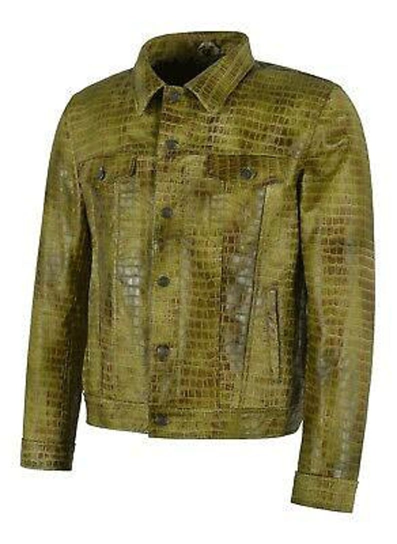May include: A green crocodile-embossed leather jacket with a button-up front and two pockets.