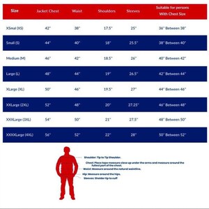 May include: A size chart for jackets with measurements in inches for jacket chest, waist, shoulders, and sleeves. The chart also includes the corresponding chest size for each jacket size.