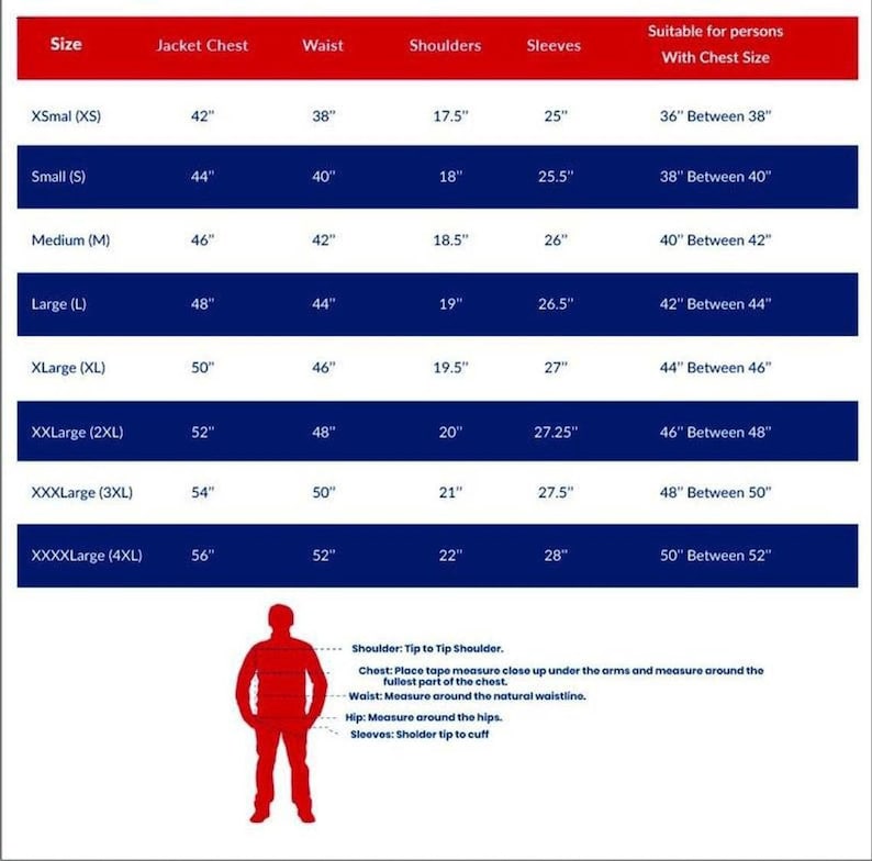 May include: A size chart for jackets with measurements in inches for jacket chest, waist, shoulders, and sleeves. The chart also includes the corresponding chest size for each jacket size.