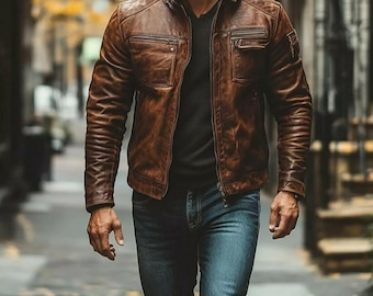 Men's Vintage Brown Leather Jacket - Biker Style, Slim Fit, Retro Distressed Jacket