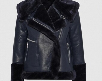 Lichtblauwe B3 RAF Aviator Styled marineblauwe schapenvacht leren jas dames