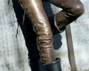 Brown Men's Cowboy Style Real Distressed Pant Leather with Side Laces Trouser