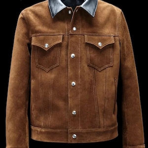 Blouson camionneur classique pour hommes Blouson en cuir véritable marron de style western pour hommes