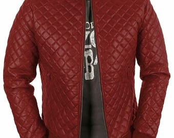 Chaqueta casual de motociclista acolchada de piel de oveja auténtica color burdeos para hombre