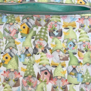 Spring gnomes cross stitch project bag, W14” x H11”.  Quilted, padded, lined, premium materials. Cross stitcher gift. Handmade.