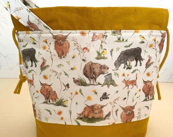 Highland Cow Project Bag: Cotton Knitting Bag with Corduroy Base, 3 Sizes, Handmade.