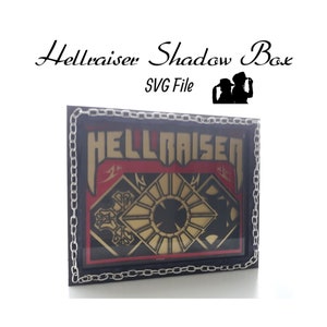 May include: A layered shadow box with the text "Hellraiser" in gold lettering, set against a red and black background. The box is framed with a silver chain and the words "SVG File" are above the box.