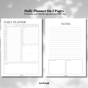 Peut inclure: Un planificateur quotidien imprimable en noir et blanc avec un horaire de 24 heures, une liste de choses à faire, une boîte de priorité et une section de notes. Le planificateur est conçu pour le format de papier A4.