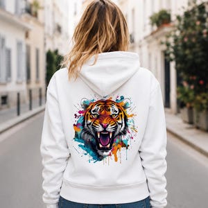 Sweat-shirt graphique femme Tigre | Pull imprimé animal sauvage audacieux | Col rond Tigre de la jungle coloré | Cadeau douillet pour elle