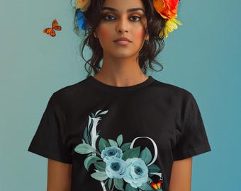 Love Rose Tee, Valentine&#39;s Day Shirt, Blue Floral Design, Gift for Her, Cute Graphic T-Shirt, gift for wife or girlfriend, gift idea for her