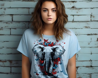 Elephant Jungle T-shirt, Vibrant Floral Butterfly Design, Boho T-Shirt, Animal Lover Gift, Nature Graphic Top, valentine&#39;s day gift for her