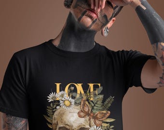 Skull Love Tee Shirt, Butterfly Flowers Graphic Print, Rise from the Ashes Top, Inspirational Men Women Shirt, Alternative Clothing