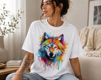 Women's Colorful Wolf Graphic Tee | Wild Animal Art T-Shirt Gift for Her