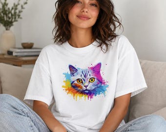 Colorful Cat Women's Graphic Tee | Pop Art Abstract Cat Portrait Shirt | Quirky Feline Art T-Shirt | Cat Lover Gift for Her