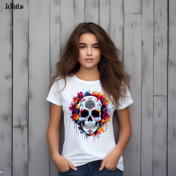 Halloween tshirt skull colorfull tshirt day of dead shirt dia de los muertos skull flowers tee Halloween shirt US Express Delivery available