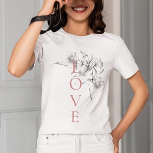 Love Declaration Unisex Tee, Minimalist Flower Design, Cute Gift for Women, Pink Love Word Shirt, Romantic Apparel