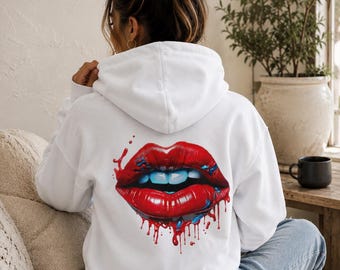 Sudadera con capucha para mujer con estampado de labios rojos estilo pop art / Sudadera urbana con estampado gráfico llamativo / Sudadera con estampado de beso estilo arte urbano / Regalo de San Valentín para ella