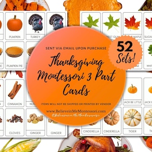 Tarjetas Montessori de Acción de Gracias de 3 partes, Tarjetas Montessori de 3 partes, Aprendizaje Montessori para niños pequeños, Tarjetas Montessori imprimibles de Acción de Gracias