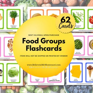 May include: Food Groups Flashcards featuring 62 cards with images of various food items. The cards are arranged with a yellow circle in the center, and the text "Food Groups Flashcards" is displayed. The cards include images of potatoes, carrots, peas, tomatoes, salmon, nuts, edamame, hummus, eggplant, lettuce, eggs, garbanzo beans, cheese, and ice cream.