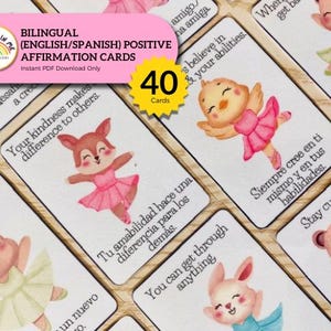 Zweisprachige (Englisch / Spanisch) Positive Affirmations Karten, niedliche Ballerinas für Kleinkinder und Kinder, Positive Affirmations Karten für Kinder