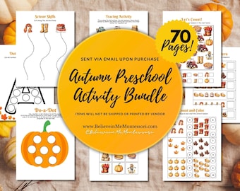May include: A printable activity bundle for preschoolers featuring autumn-themed activities. The bundle includes 70 pages of activities such as dot-to-dot, tracing, counting, and color matching. The activities feature images of pumpkins, leaves, boots, and other autumnal items.