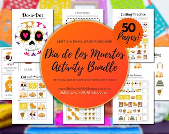 May include: A colorful printable activity bundle for kids featuring Dia de los Muertos themes. The bundle includes 50 pages of activities such as do-a-dot, cut and match, puzzles, and cutting practice. The activities feature images of sugar skulls, marigolds, and other traditional Dia de los Muertos symbols.