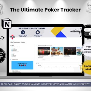 Op de afbeelding: Een laptopscherm dat een Notion-werkruimte toont voor het bijhouden van pokertornooien. De werkruimte bevat een kalender, een lijst met toernooien en een sectie voor het bijhouden van resultaten. De werkruimte heeft de titel "The Ultimate Poker Tracker" en bevat de tekst "Become a Better Poker Player" en "Learn from Your Mistakes".