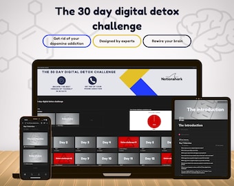 May include: A digital detox challenge displayed on a laptop, tablet, and smartphone. The screens show the program's title, "The 30 day digital detox challenge", and various modules. The program promises to help users "Get rid of your dopamine addiction" and "Rewire your brain."