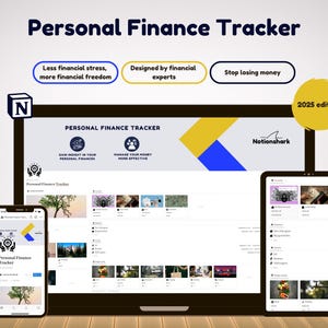 Könnte beinhalten: Ein Screenshot eines Laptops und eines Tablets, auf denen eine App zur Verfolgung der persönlichen Finanzen angezeigt wird. Die App soll Benutzern helfen, Einblicke in ihre persönlichen Finanzen zu gewinnen und ihr Geld effektiver zu verwalten. Die App heißt "Personal Finance Tracker" und ist in der Ausgabe 2025 verfügbar. Die App wurde von Finanzexperten entwickelt und ist auf mehreren Geräten verfügbar.