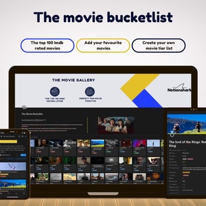 May include: A screenshot of a website and two mobile apps displaying a movie bucket list. The website is called "The Movie Gallery" and features a grid of movie posters. The mobile apps show a list of movies with ratings and reviews. The text on the website says "The Top 100 IMDb Movies Listed" and "Perfect for Movie Fanatics".