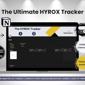 May include: A laptop screen displaying a Notion workspace with the title "The HYROX Tracker". The workspace is a calendar with a dark background and white text. The workspace is divided into columns with the days of the week listed at the top. The workspace is designed to track workouts and progress for the HYROX fitness competition. The laptop is on a white surface with a white background. The image also includes a black and white icon of a notebook, a black and white icon of a person running, a black and white icon of a clock, a black and white icon of a light switch, and a black and white icon of a dark mode switch. The image also includes the text "The Ultimate HYROX Tracker", "25+ datapoints to gain insight in your performance", "Notionshark", "HYROX Calendar", "Youtube tutorial", and "TRAIN SMARTER, NOT HARDER | COMPLETE HYROX EXERCISE BREAKDOWN | MOBILE & DESKTOP FRIENDLY".