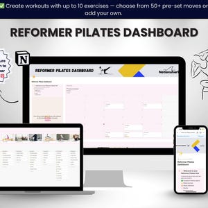 May include: A digital display of a Reformer Pilates Dashboard on a laptop, desktop monitor, and smartphone. The screens display workout information and a calendar. Text includes "Create workouts" and "Bring structure and intention to your Reformer workouts."