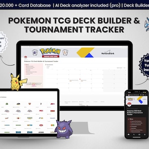 以下が含まれることがあります： ラップトップ、デスクトップ、スマートフォンで表示されるポケモンTCGデッキビルダー＆トーナメントトラッカーのデジタル表示。画像には「20,000+カードデータベース」と「すべてのポケモンTCGセットが含まれています」というテキストが含まれています。ピカチュウとゲンガーも登場しています。