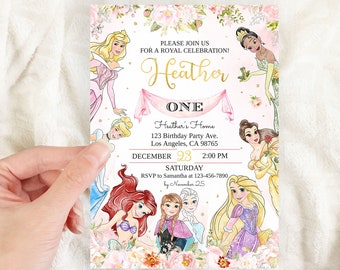 Faire-part de premier anniversaire de princesse, fille rose royale, invitation de célébration Modèle modifiable personnalisé, téléchargement immédiat