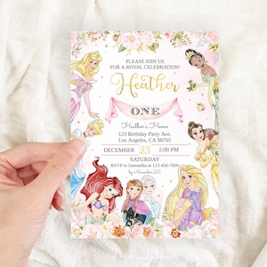 Princess First Birthday Invitation Royal Rose Girl Celebration Invite Custom Editable Template Printable Instant Download