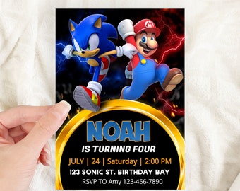 Invitation Super Mario Sonic, invitation électronique à une fête d'enfants Super hérisson, tonnerre de hérisson, invitation numérique d'anniversaire pour garçon