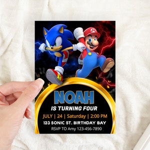 Super Mario Sonic Invitation, Super Hedgehog Kids Party E-invite, Hedgehog Thunder, Birthday Digital Invitation for Boy