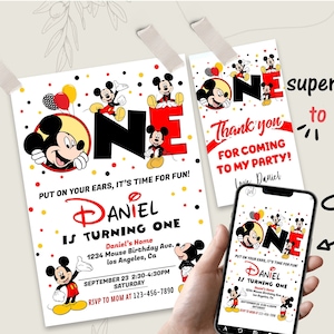 Mickey Mouse First Birthday Invitation Boy Party Editable Template Instant Download Mobile Digital or Printed Invites