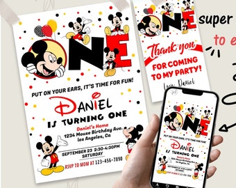 Mickey Mouse premier anniversaire Invitation Boy Party modèle modifiable téléchargement instantané mobile numérique ou imprimé invite