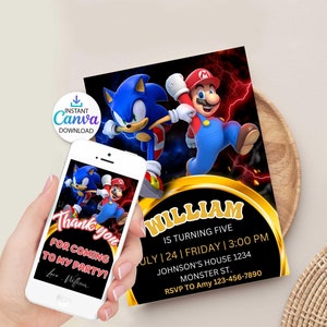 Convite editável Super Mario Sonic, convite eletrônico para festa infantil Super Hedgehog, Hedgehog Thunder, convite digital de aniversário para menino