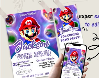 Invitation d’anniversaire de Super Mario modifiable Invitation de fête d’anniversaire de Mario Invitation d’anniversaire de Super Mario