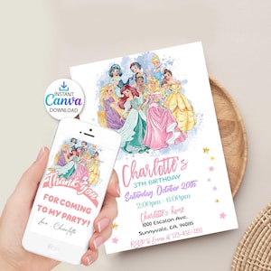 Princess birthday invitation, Editable princess invitation